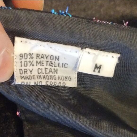 VTG 70s Black Blue Lurex Metallic Long Sleeve Panelled Hem Disco Blouse Medium - Picture 16 of 16